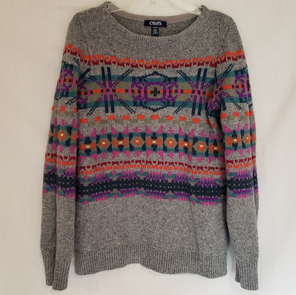 Gray and rainbow Chaps sweater knit cozy M medium women's longsleeve